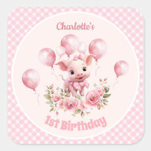 Cute Piggy Rosa Farm Girl 1 Birthday Stickers Fyrkantigt Klistermärke