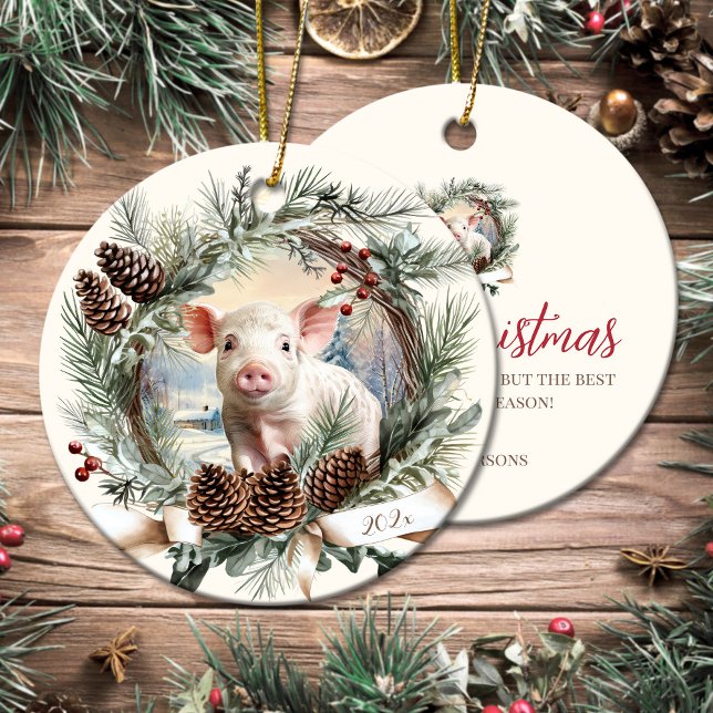 Cute piglet boskap jul, pinecon wand julgransprydnad keramik (Cute piglet farm animals Christmas pinecone wreath Ceramic Ornament)