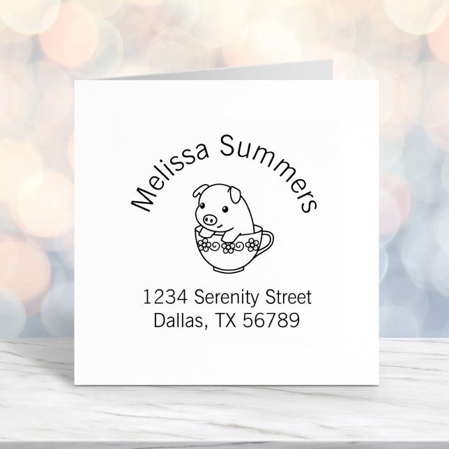 Cute Piglet Gris i Tekopp Arch Adress Självfärgande Stämpel (Skapare uppladdad)