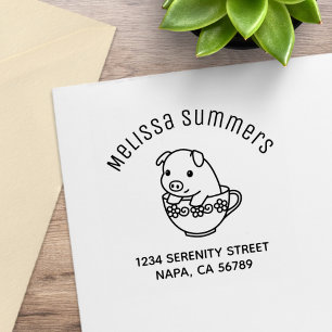 Cute Piglet Gris i Tekopp Arch Adress Stämpel