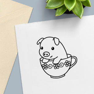 Cute Piglet Gris i Tekopp Självfärgande Stämpel