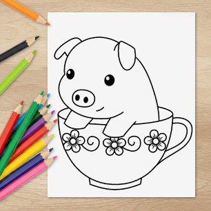 Cute Piglet Gris på en färgsida för Tekopp Stämpel