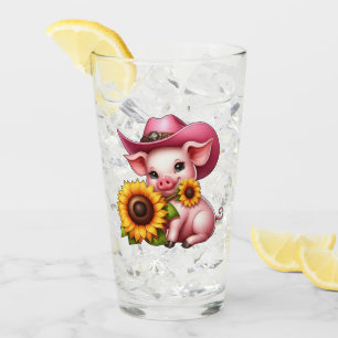 Cute Piglet i Rosa Cowboyhatt med solblommor Glaskopp