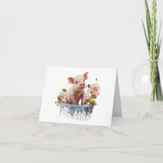Cute Piglet med Vatten och Flowers BLANK Kort (Framsida)