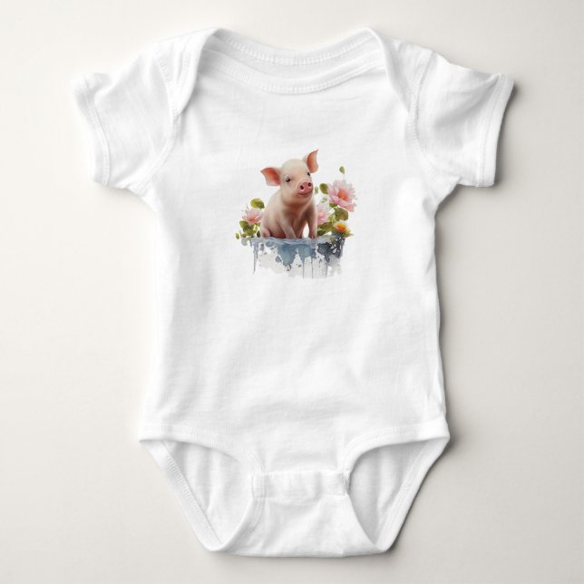 Cute Piglet med Vatten och Flowers T Shirt (Framsida)