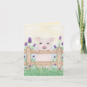 Cute Piglet på ett stängsel Tack Kort