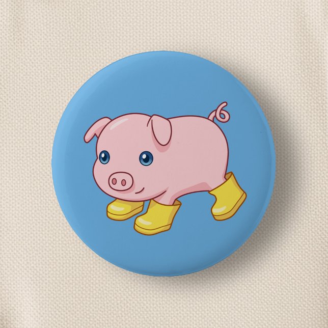 Cute Piglet Pig in Yellow Rubber Boots Blue Knapp (Skapare uppladdad)