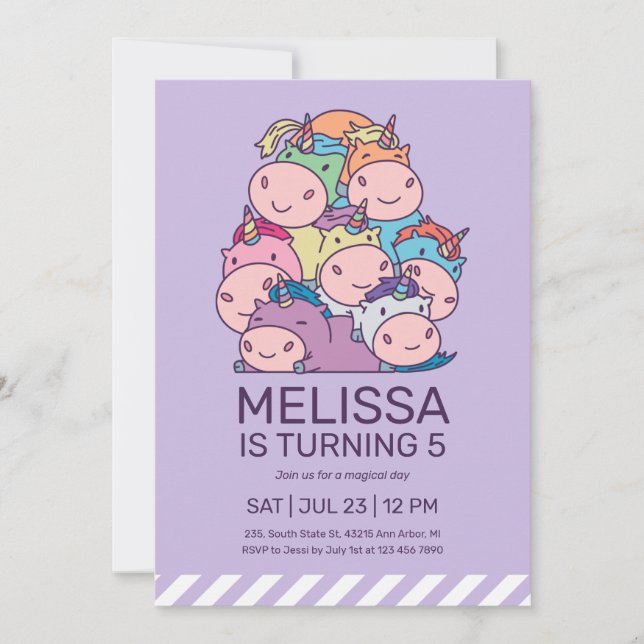 Cute Pile of Unicorns Lila Barns födelsedag Inbjudningar (Framsida)