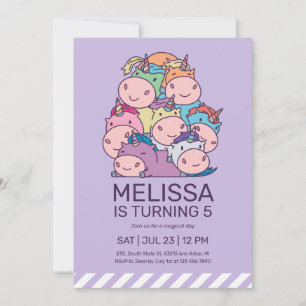 Cute Pile of Unicorns Lila Barns födelsedag Inbjudningar