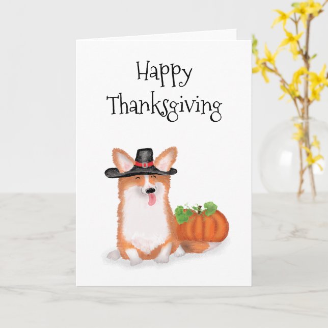 Cute pilgrim corgi med pumpkort för Thanksgiving Kort (Gul blomma)