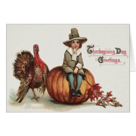 Cute Pilgrim Turkey Pumpkin Höst löv Hälsningskort
