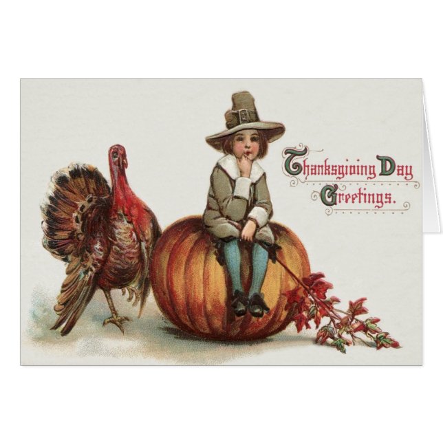 Cute Pilgrim Turkey Pumpkin Höst löv Hälsningskort (Framsidan Horizontal)