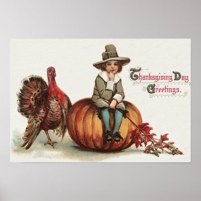 Cute Pilgrim Turkey Pumpkin Höst löv Poster (Framsidan)