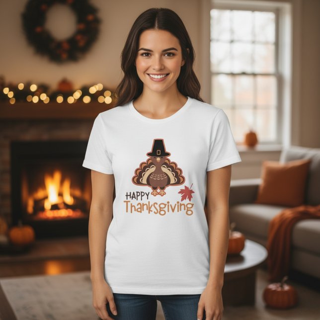 Cute Pilgrim Turkiet Happy thanksgiving T Shirt (Cute Pilgrim Turkey Happy Thanksgiving T-Shirt)