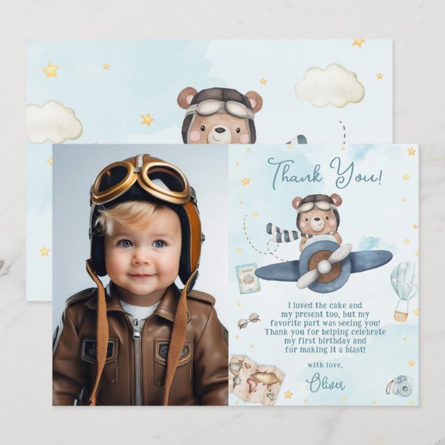 Cute Pilot Nalle Blue Flygplan Birthday Photo Tack Kort (Fram/baksida)
