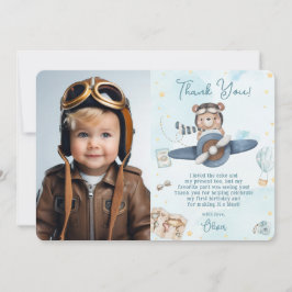 Cute Pilot Nalle Blue Flygplan Birthday Photo Tack Kort