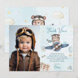 Cute Pilot Nalle Blue Flygplan Birthday Photo Tack Kort