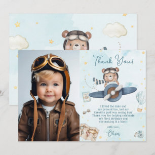 Cute Pilot Nalle Blue Flygplan Birthday Photo Tack Kort