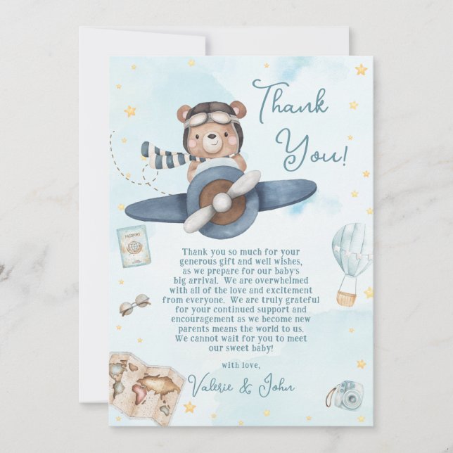 Cute Pilot Nalle Blue Flygplan Boy Baby Shower Tack Kort (Framsida)