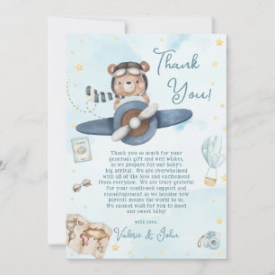 Cute Pilot Nalle Blue Flygplan Boy Baby Shower Tack Kort