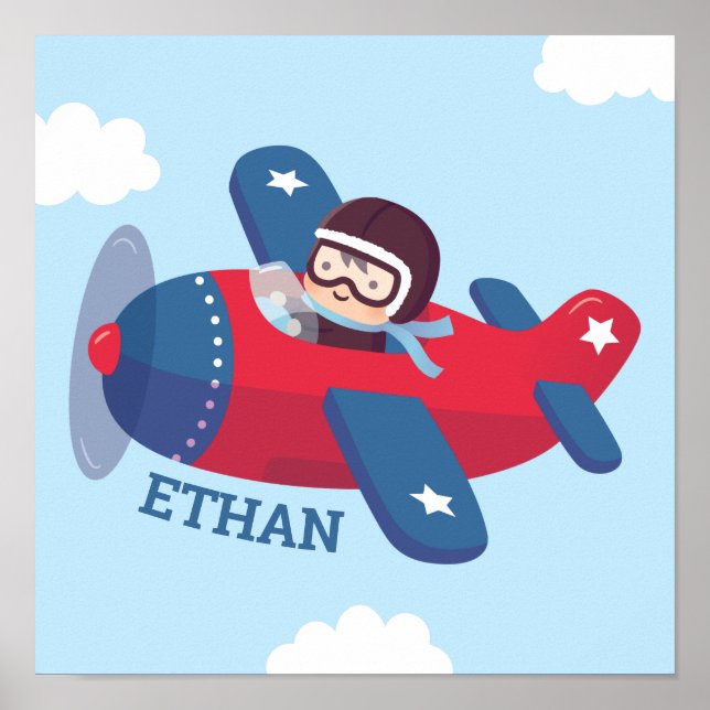 Cute Pilot Propeller Airplane Boys Wall Room Decor Poster (Framsidan)