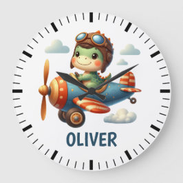 Cute Pilot Trex Dinosaur som flyger ett blått flyg Stor Klocka