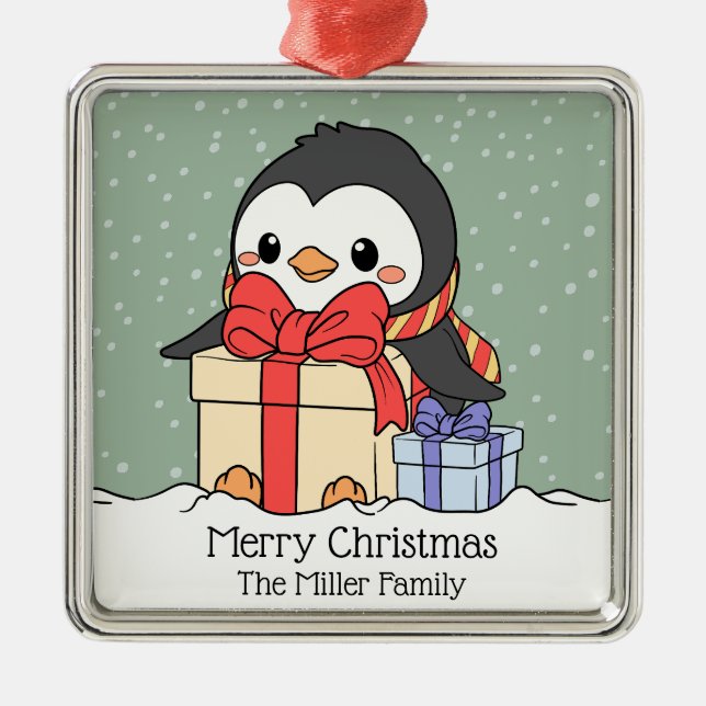 Cute Pingguin med julklappar i snöfallet Julgransprydnad Metall (Framsidan)