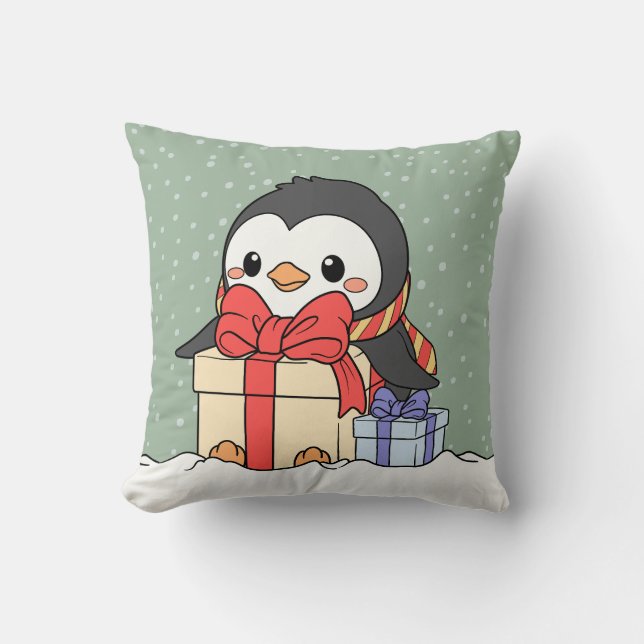 Cute Pingguin med julklappar i snöfallet Kudde (Framsida)