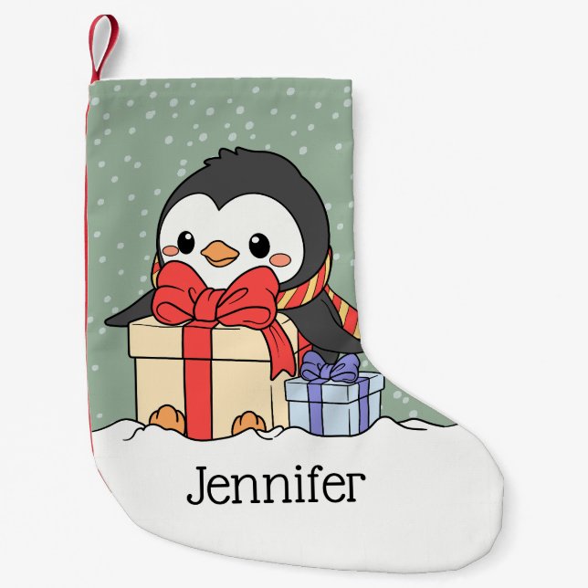 Cute Pingguin med julklappar i snöfallet Liten Julstrumpa (Framsidan)