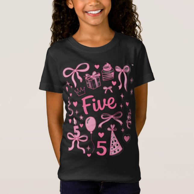 Cute Pink 5th Birthday Girl Shirt Five Bow Party D T (Framsida)