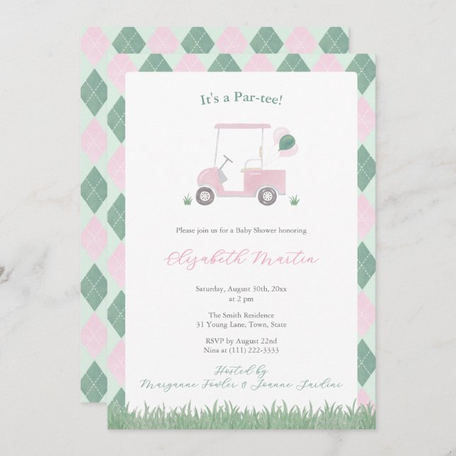 Cute Pink And Green Golf Theme Baby Girl Shower Inbjudningar (Fram/baksida)