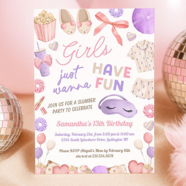 Cute Pink and Purple Slumber Party Birthday Inbjudningar (Sleepover Birthday Party Invitation)