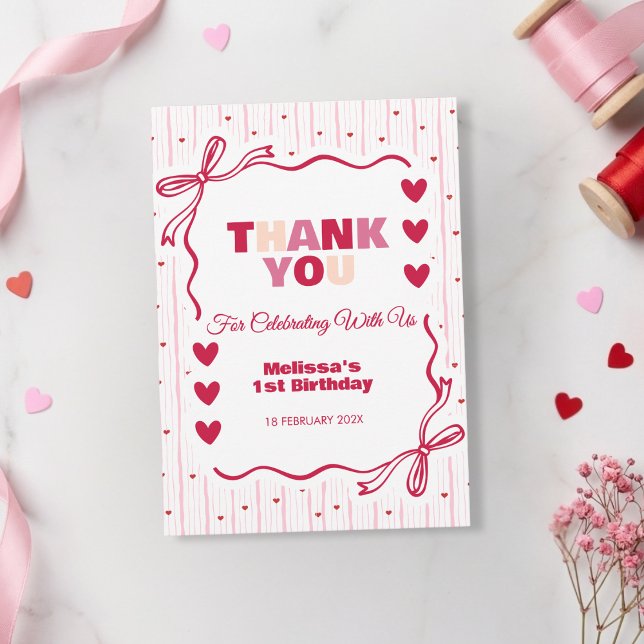 Cute Pink and Red Sweetheart Thank You Birthday  Tack Kort (Skapare uppladdad)