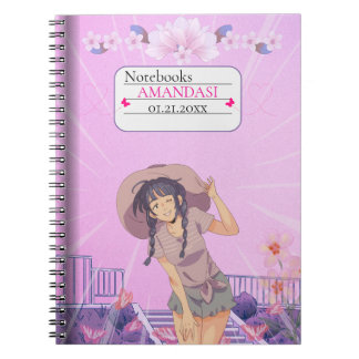 Cute-Pink Anime Girl Floral Aesthetic Notebook Anteckningsbok