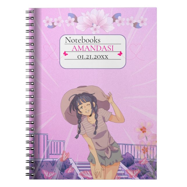 Cute-Pink Anime Girl Floral Aesthetic Notebook Anteckningsbok (Framsidan)