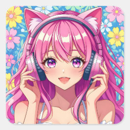Cute Pink Anime Girl with Headphones Fyrkantigt Klistermärke