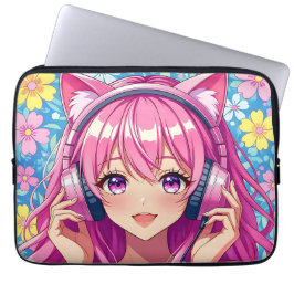 Cute Pink Anime Girl with Headphones Laptop Fodral