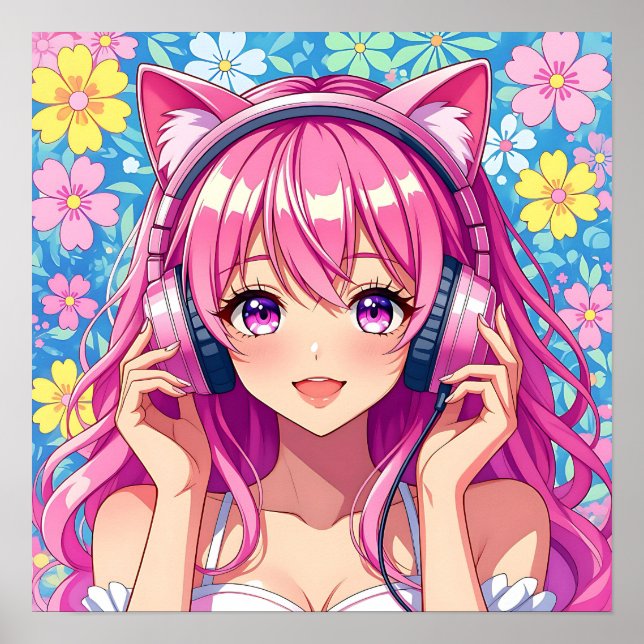 Cute Pink Anime Girl with Headphones Poster (Framsidan)