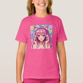 Cute Pink Anime Girl with Headphones   T Shirt