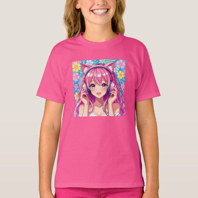 Cute Pink Anime Girl with Headphones   T Shirt (Framsida)