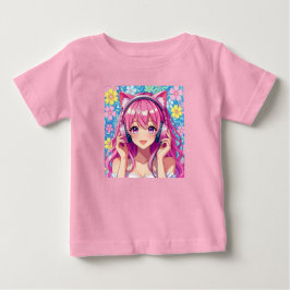 Cute Pink Anime Girl with Headphones   T Shirt