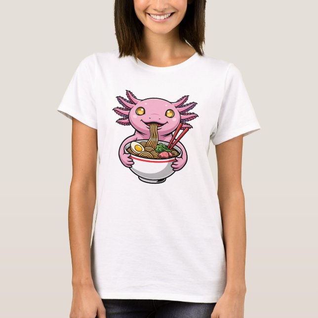 Cute Pink Axolotl Eating Ramen Noodles Cartoon T Shirt (Framsida)
