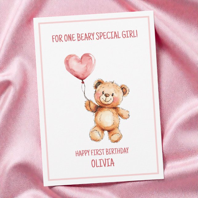 Cute Pink Balloon Teddy Bear Happy 1st Birthday Kort (Cute Pink Balloon Teddy Bear Happy 1st Birthday Card)