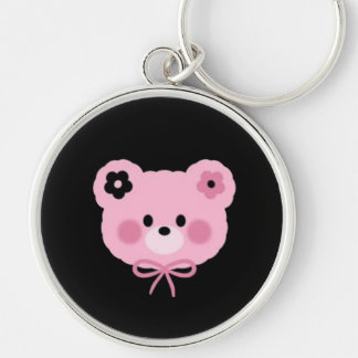 Cute Pink & Black Teddy Bear Keychain Rund Silverfärgad Nyckelring