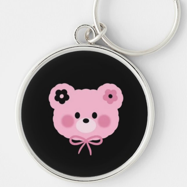 Cute Pink & Black Teddy Bear Keychain Rund Silverfärgad Nyckelring (Framsidan)