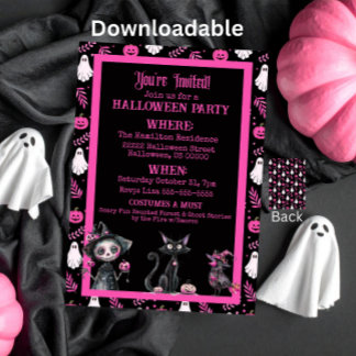 Cute Pink Black White Halloween Party Invitation Inbjudningar