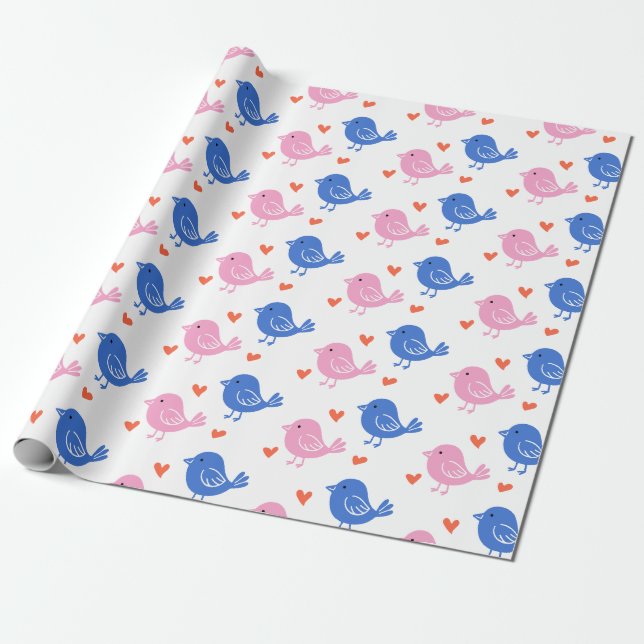Cute Pink Blue Bird Heart Pattern Repeating Love  Presentpapper (Utrullad)