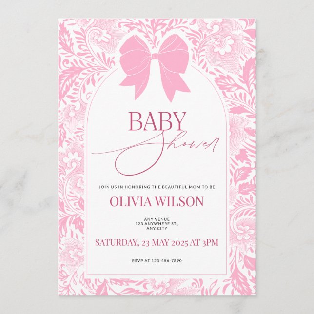 Cute Pink Bow Baby Shower Invitation Anteckningskort (Framsida)