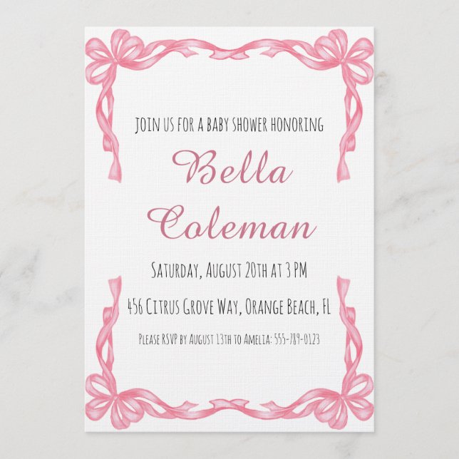 cute pink bow baby shower invitation inbjudningar (Framsida)
