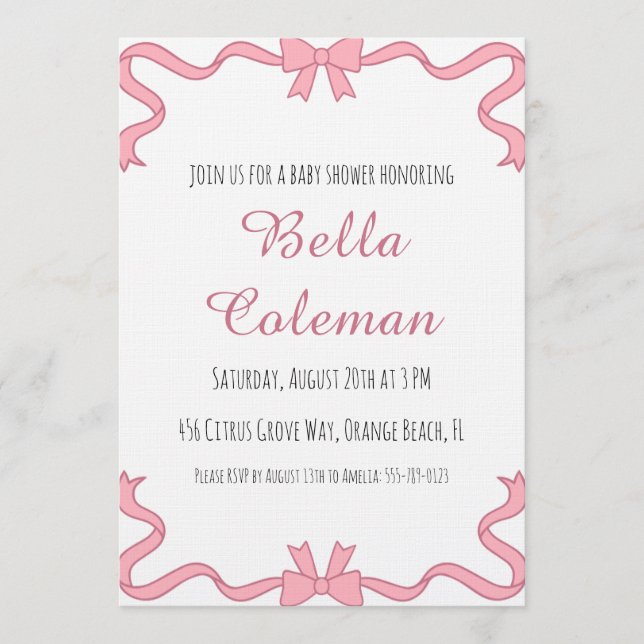 cute pink bow baby shower invitation inbjudningar (Framsida)